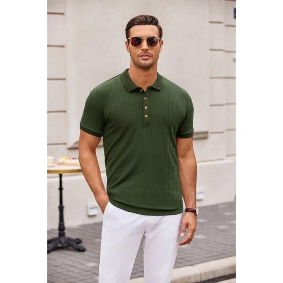 🆕Men Dark Green Polyester Polo Shirt Slim Fit Casual Workout Short Sleeve - Picture 2 of 6